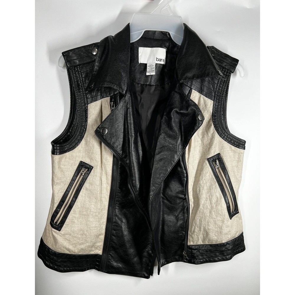 Bar lll  Women's Black & Tan Linen Asymmetrical Zip Up Biker Punk Vest Large